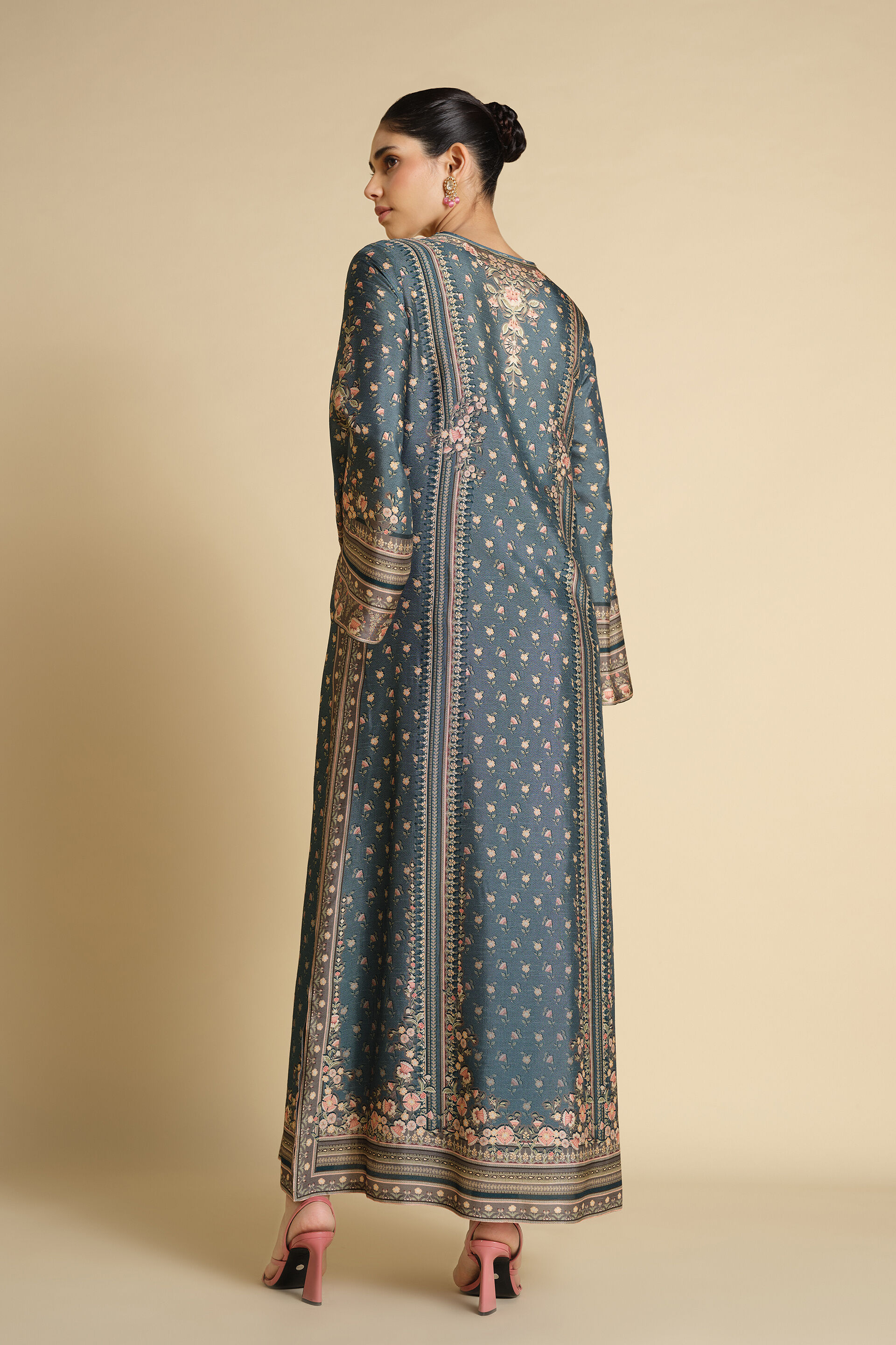 Yazhini Printed Silk Kaftan - Blue, Blue, image 2